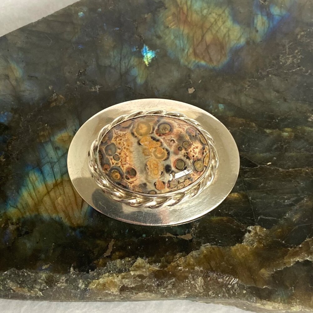 VTG Sterling Silver 925 VHC Oval Bezel Set Leopard Skin Jasper Cabochon Brooch